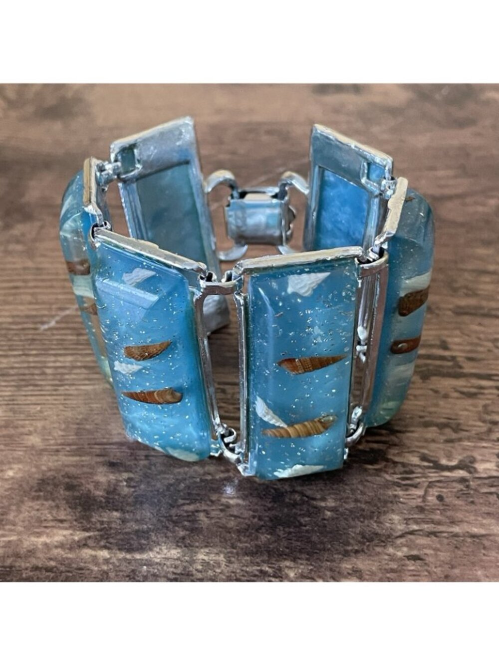 Vintage 1950s Panel Bracelet Blue Confetti Lucite Seashells Silver Tone Wide - Picture 14 of 16